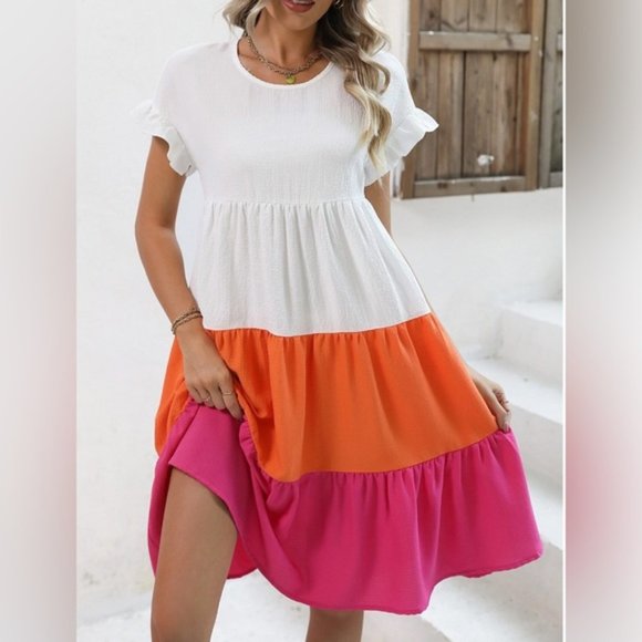 Color Block Flounce Sleeve Ruffle Hem Smock Dress 50% OFF - Picture 1 of 6